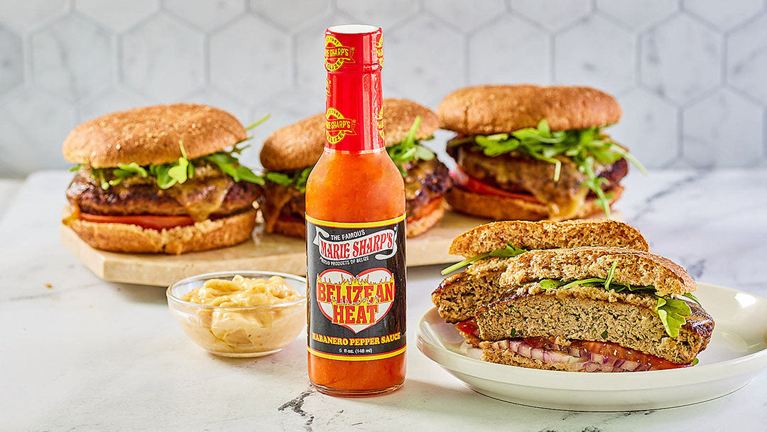 Turkey and Mushroom Burgers with Havarti and Marie Sharp’s Belizean Heat Habanero Pepper Sauce