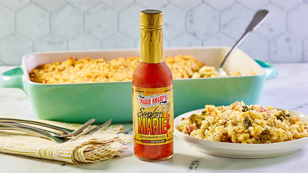 Spicy Broccoli and Ham Bake with Rice and Marie Sharp’s Smokin’ Marie Habanero Pepper Sauce