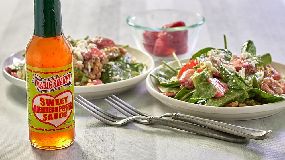 Avocado Strawberry Spinach Salad Recipe with Marie Sharp's Sweet Habanero Pepper Sauce - Pepperheadz Company Store