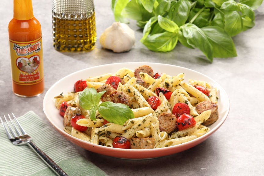 Chicken Pesto Pasta Recipe with Marie Sharp's Garlic Habanero Pepper Sauce - Pepperheadz Company Store