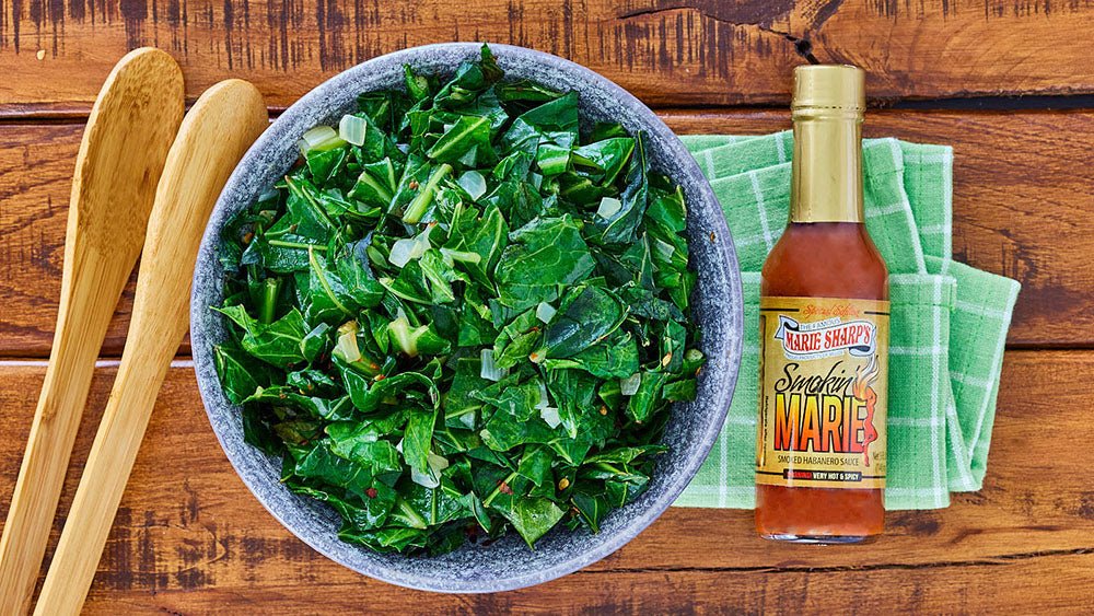 Collard Greens with Ham Hock Recipe and Marie Sharp’s Smokin’ Marie - Pepperheadz Company Store