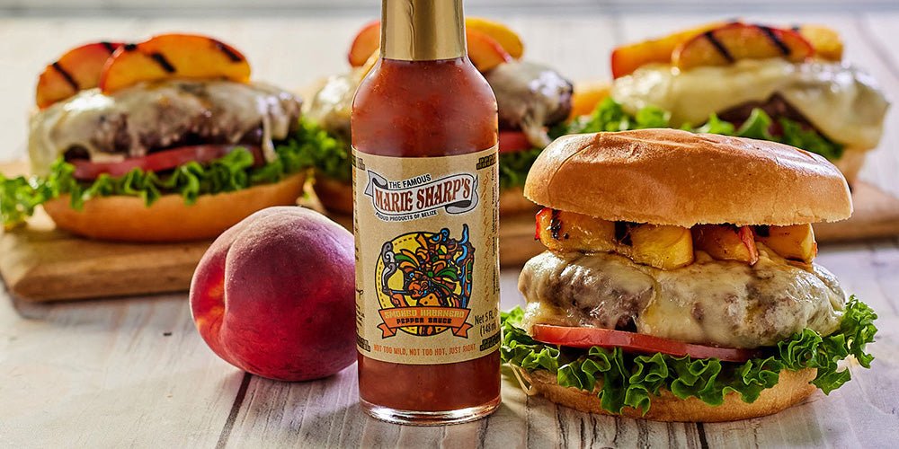 Havarti Cheeseburger and Grilled Peaches Recipe with Marie Sharp’s Smoked Habanero Pepper Sauce - Pepperheadz Company Store