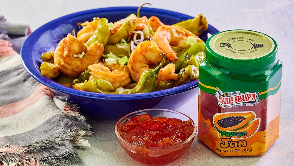 Shrimp and Shishito Pepper Sauté in a Papaya Mirin Sauce with Marie Sharp’s Papaya Jam - Pepperheadz Company Store