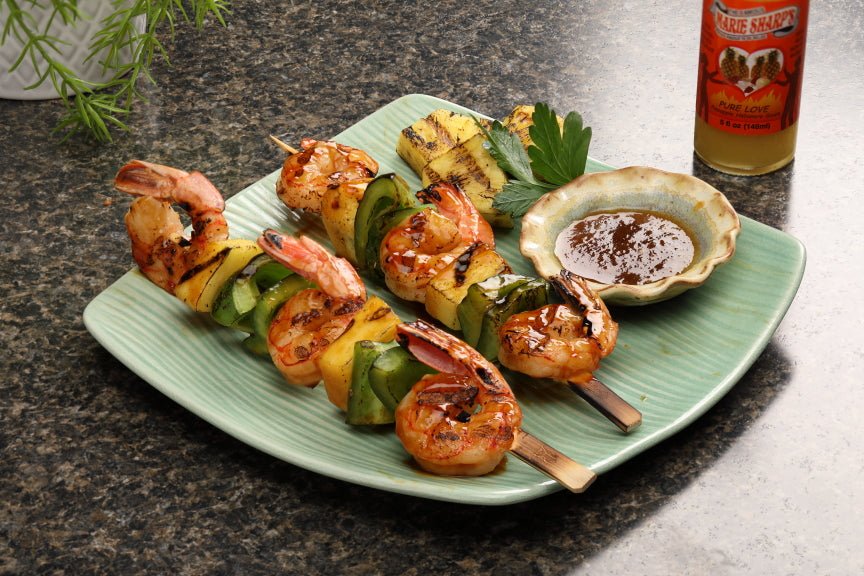 Shrimp Kebab Recipe with Marie Sharp's Pure Love Pineapple Habanero Pepper Hot Sauce - Pepperheadz Company Store