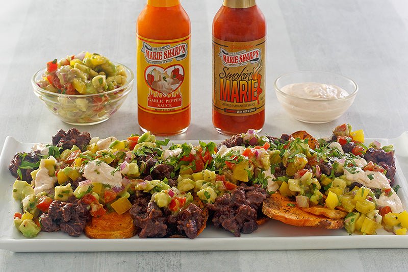 Sweet Potato Nachos with Smoky Crema Recipe with Marie Sharp's Smoked Habanero Pepper Sauce - Pepperheadz Company Store